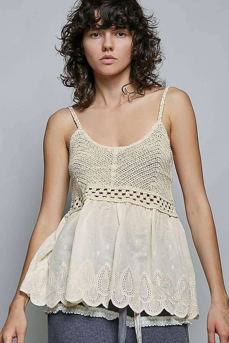 Round Neck Sleeveless Eyelet Ruffle Embroidered Crochet Tank Top