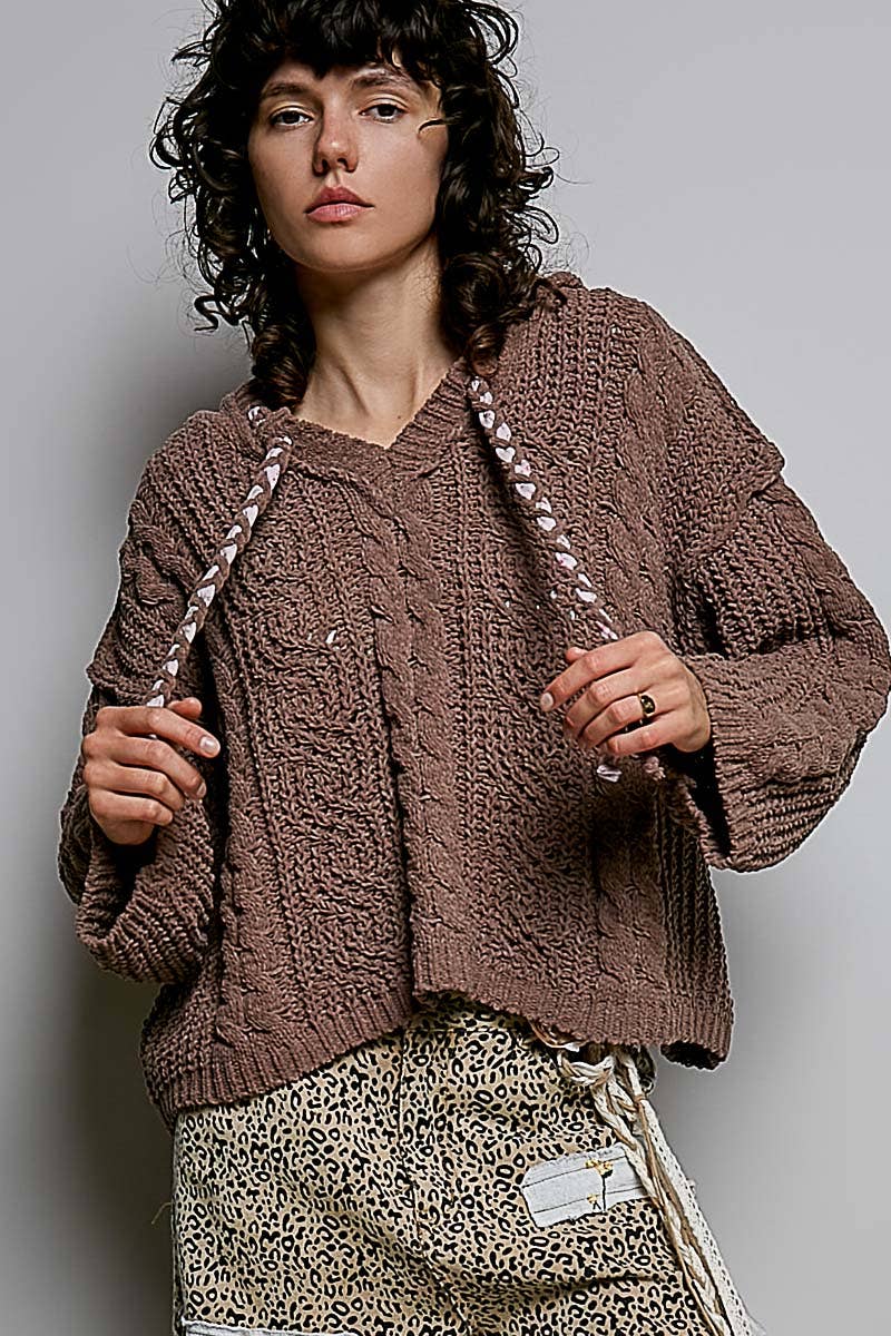 Oversize Fit V-neck Hooded Cable Knit Chenille Sweater