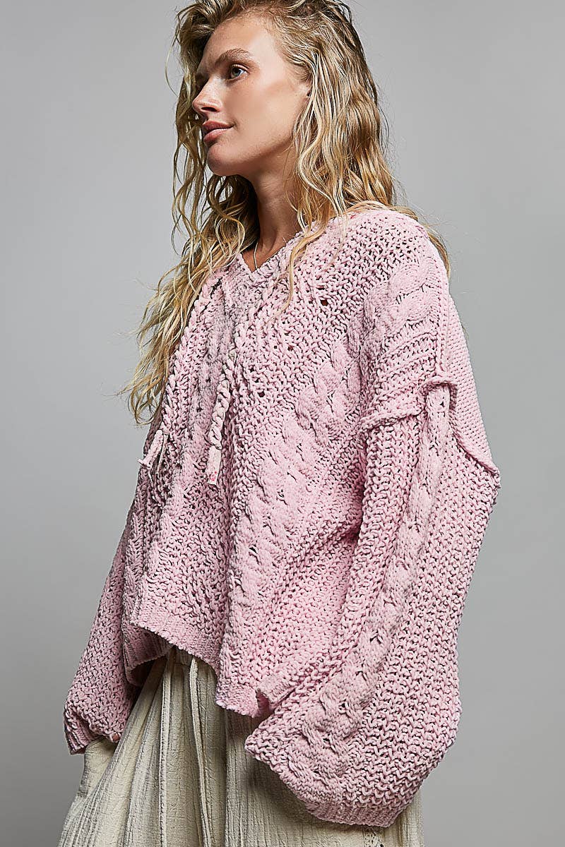Oversize Fit V-neck Hooded Cable Knit Chenille Sweater