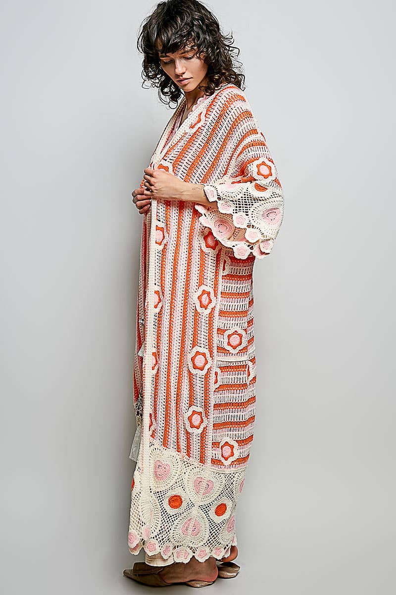 3/4 Sleeve Striped Floral Pattern Crochet Open Cardigan