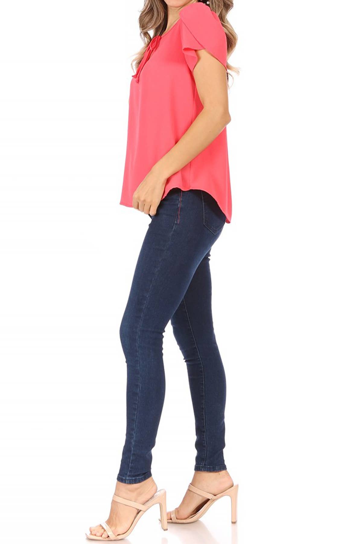 Women's Casual Solid Sleeve Tie Round Neck Shirt