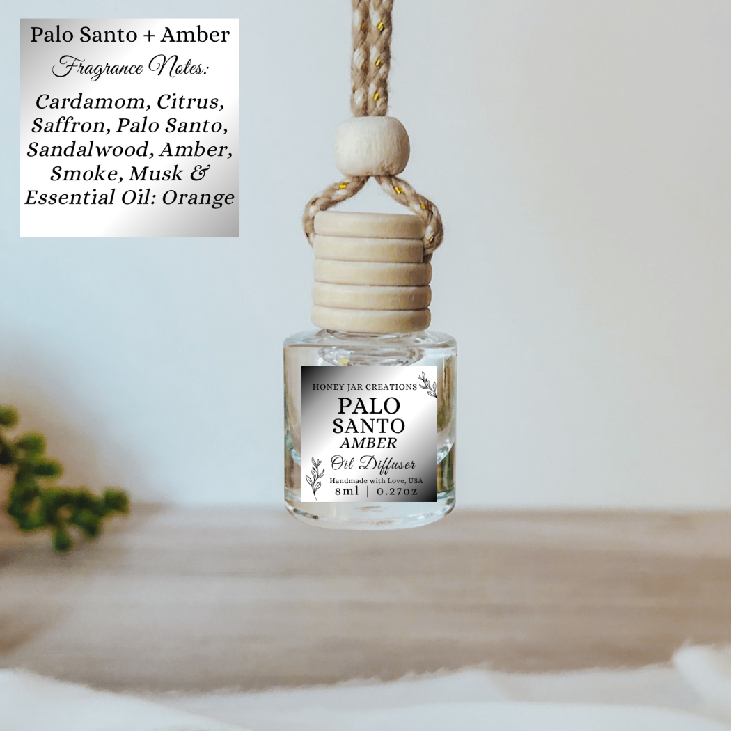 Hanging Car Diffuser | Palo Santo Amber | Made in USA: Round Bottle