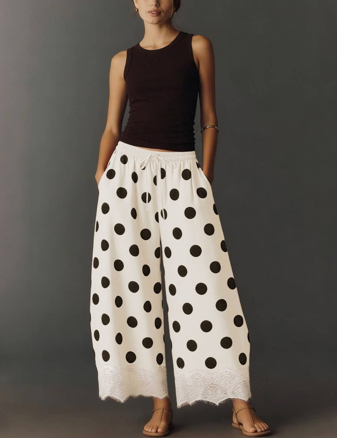 Polka Dot Elastic Waist Cropped Wide Leg Pants