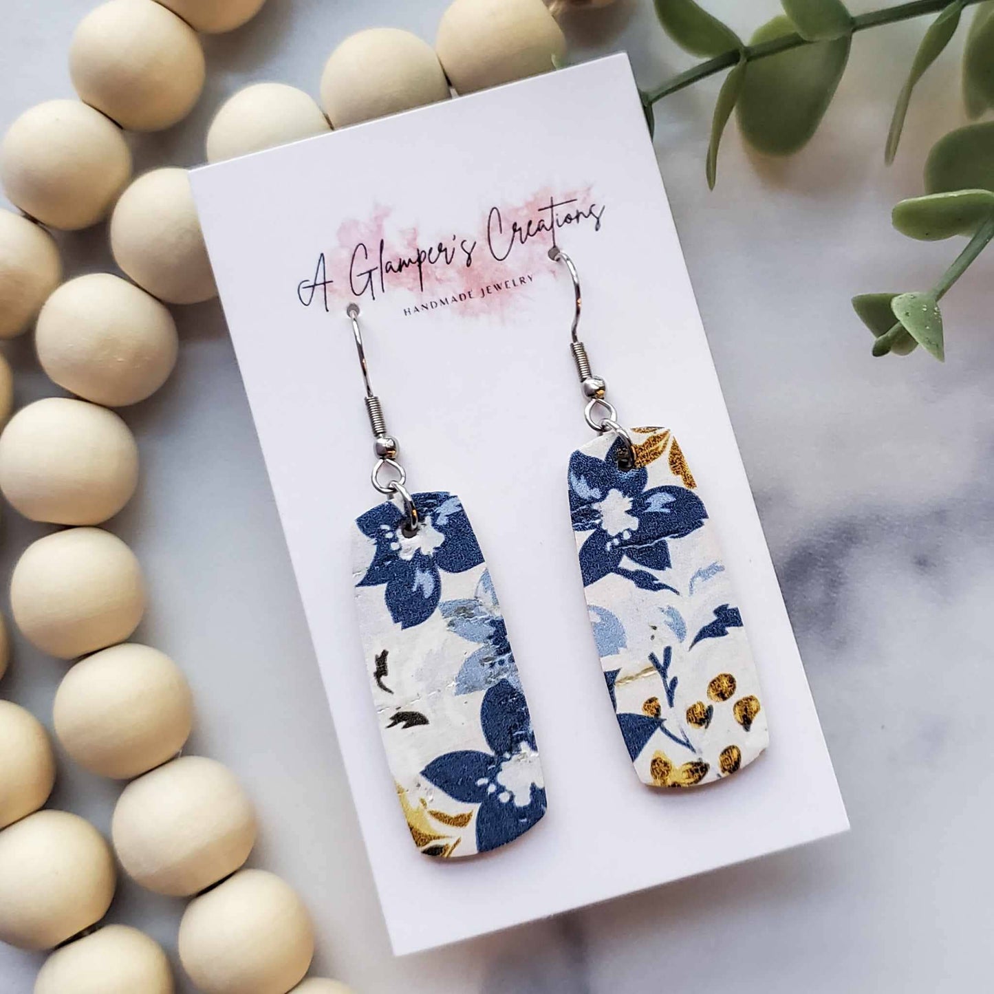 Navy & Mustard Floral Mini Bar Leather Earrings