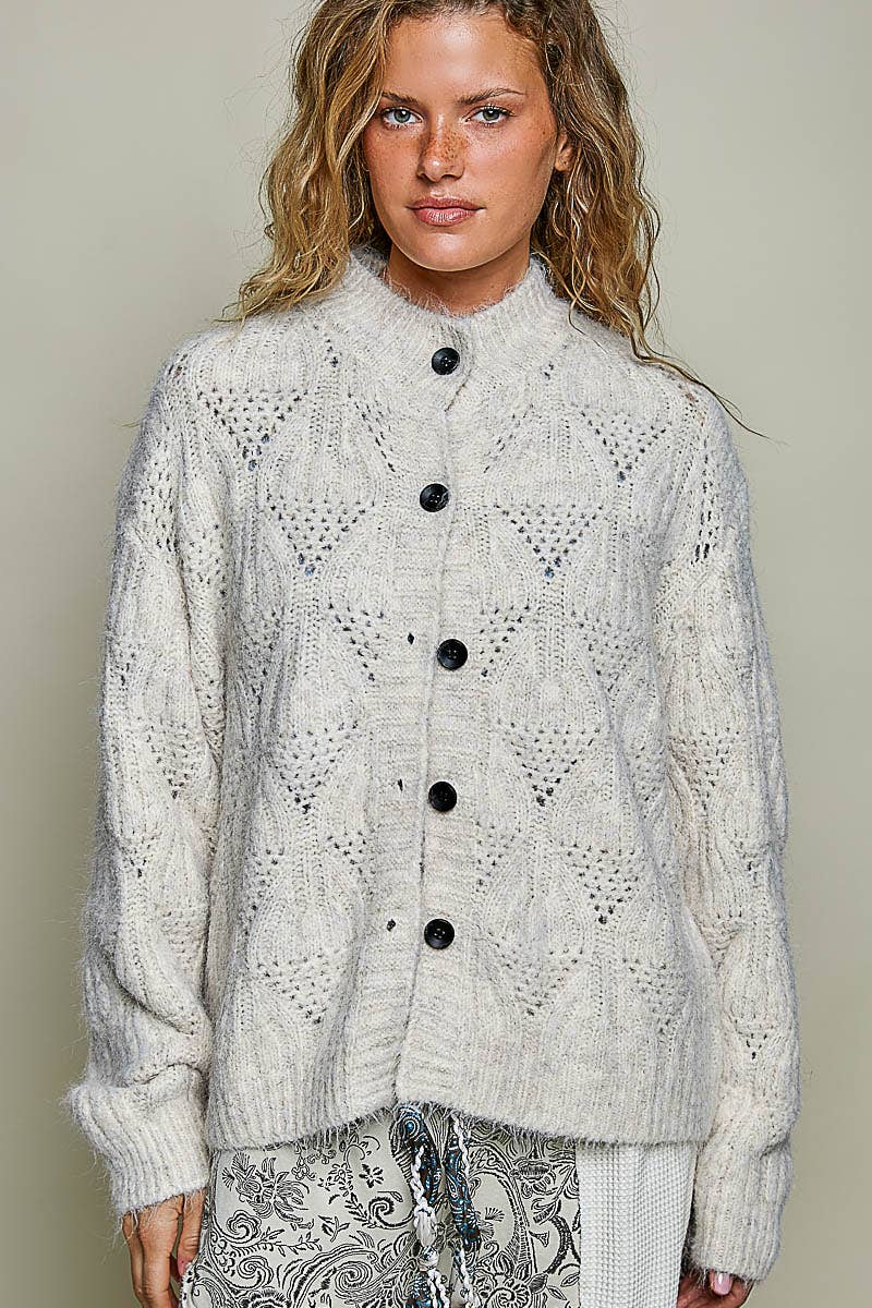 Relaxed Fuzzy Knit Pointelle Detail Ribbed Trim Cardigan: CHARCOAL One Size