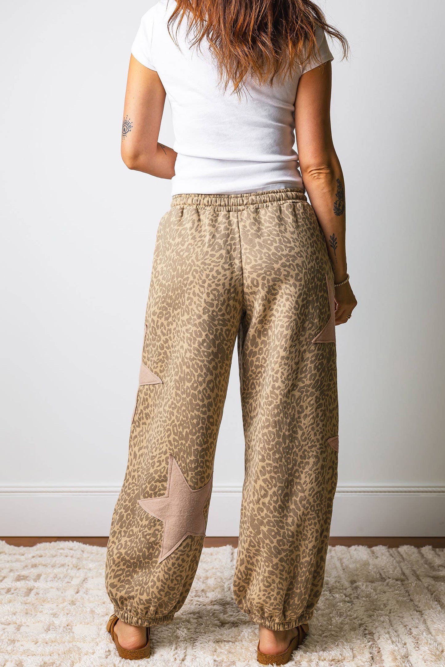 Leopard Print Star Patched Elastic Waist Jogger Pants