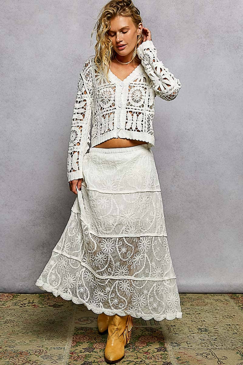 Crochet Floral Embroidery Lining Roomy Fit Skirt