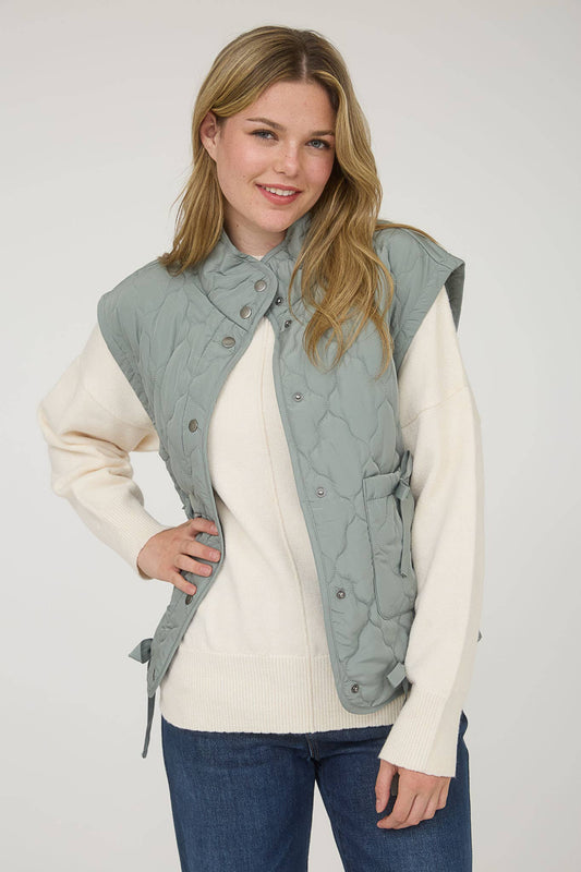 Tie Detail Snap Button Down Quilted Puffer Vest