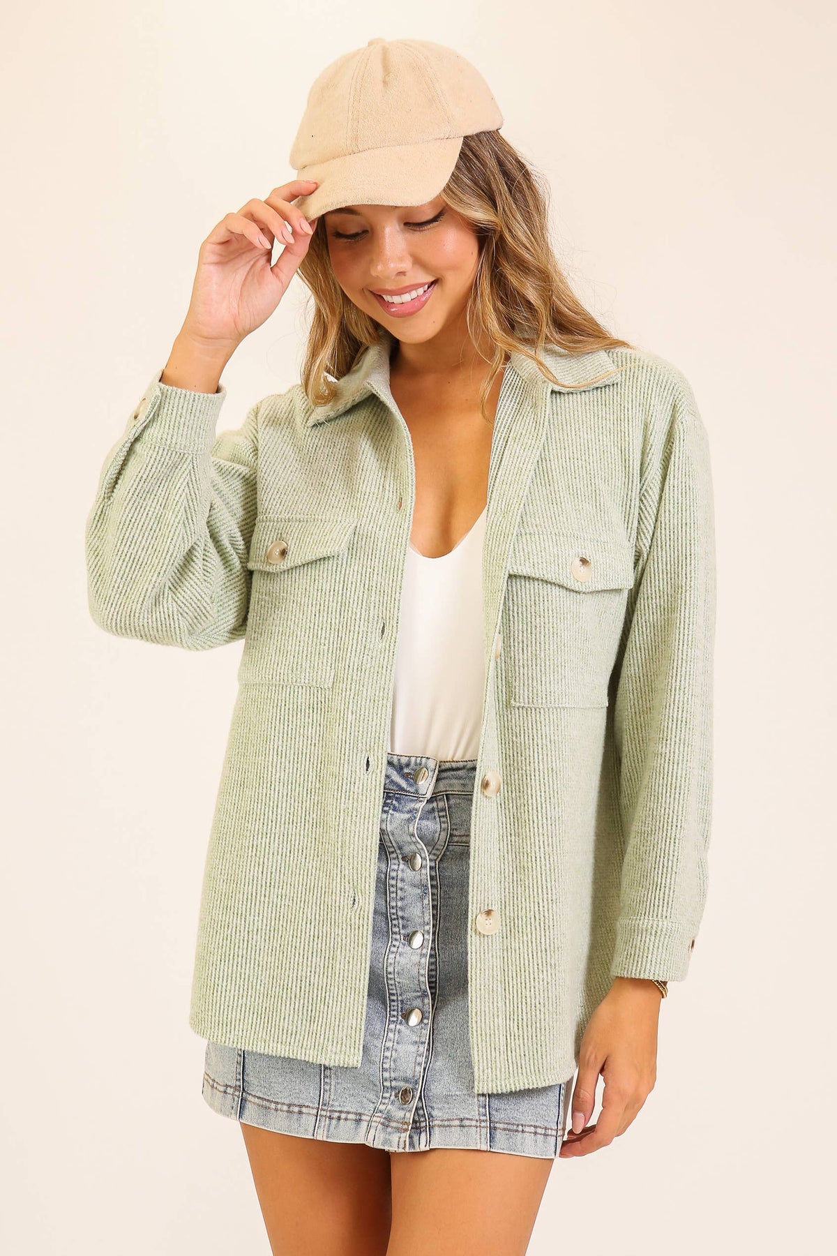 Brushed Waffle Button-Up Shacket: OATMEAL