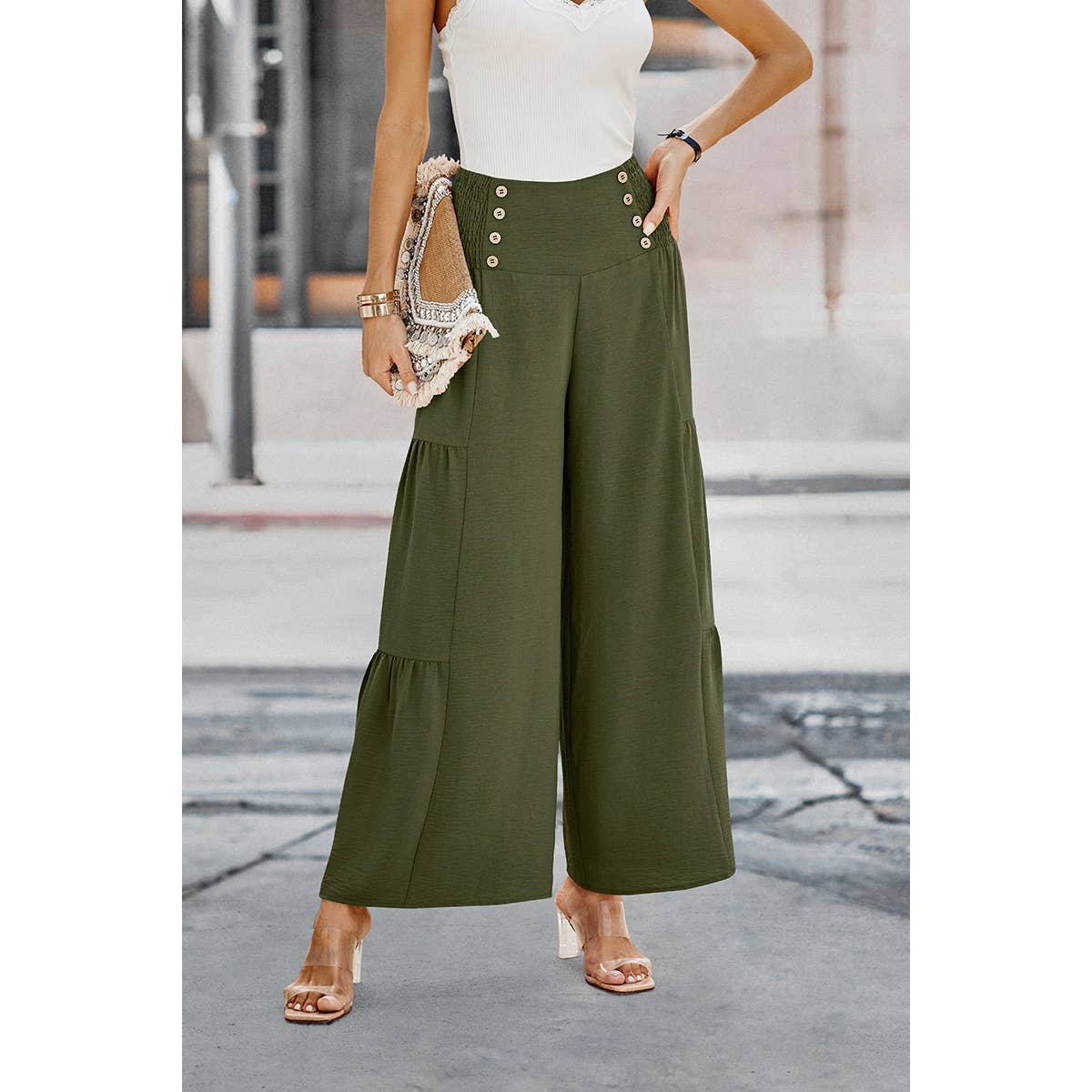 Elastic High Waist Wide Leg Long Palazzo Pants