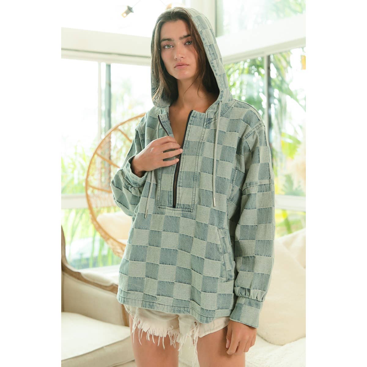 Washed Checker Denim Half Zip Up Hoodie