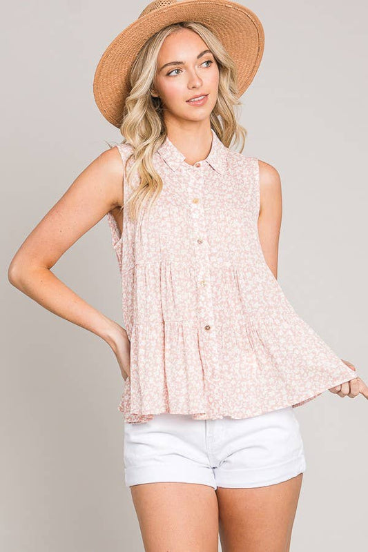 Ditsy Floral Button Up Sleeveless Ruffle Tiered Woven Shirt