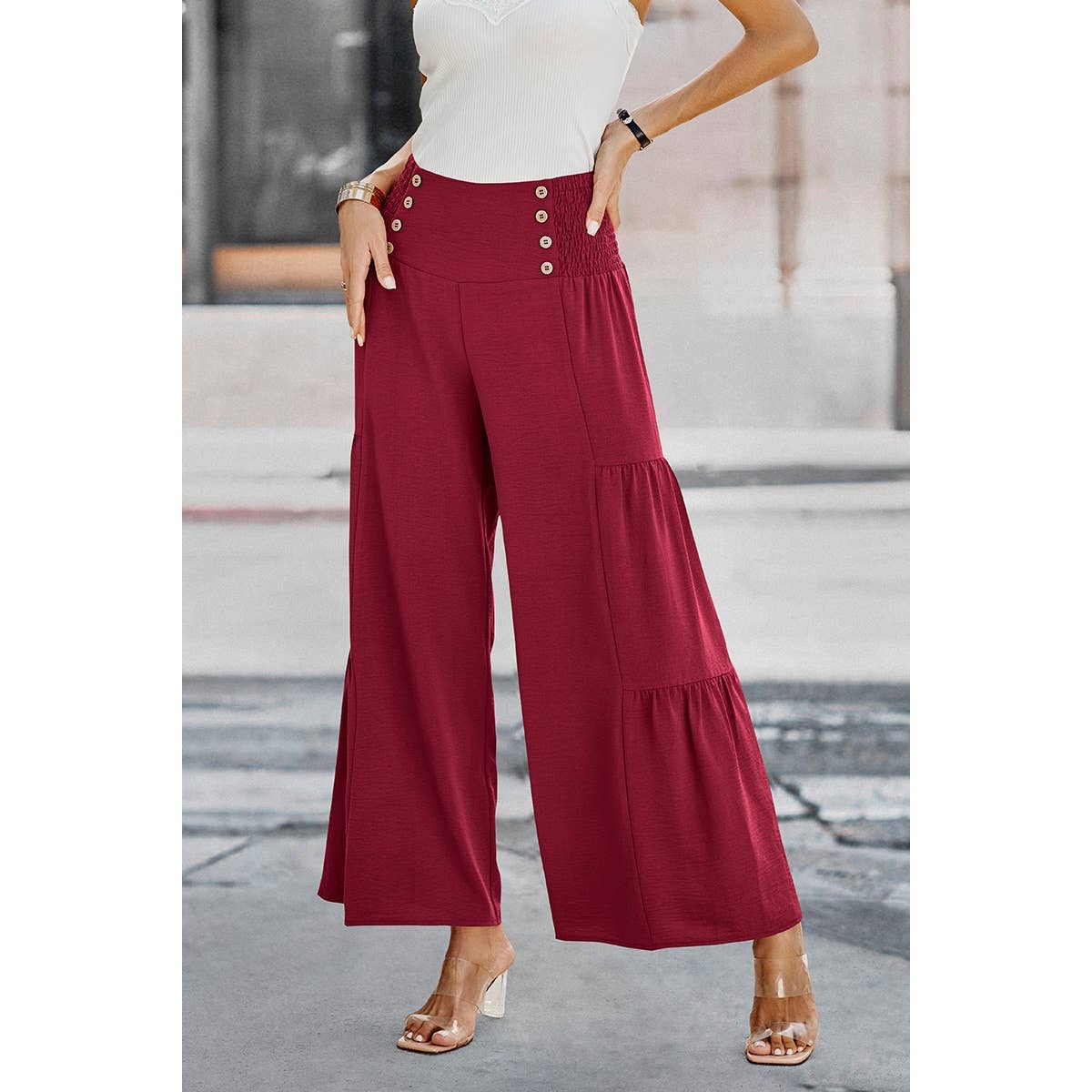 Elastic High Waist Wide Leg Long Palazzo Pants