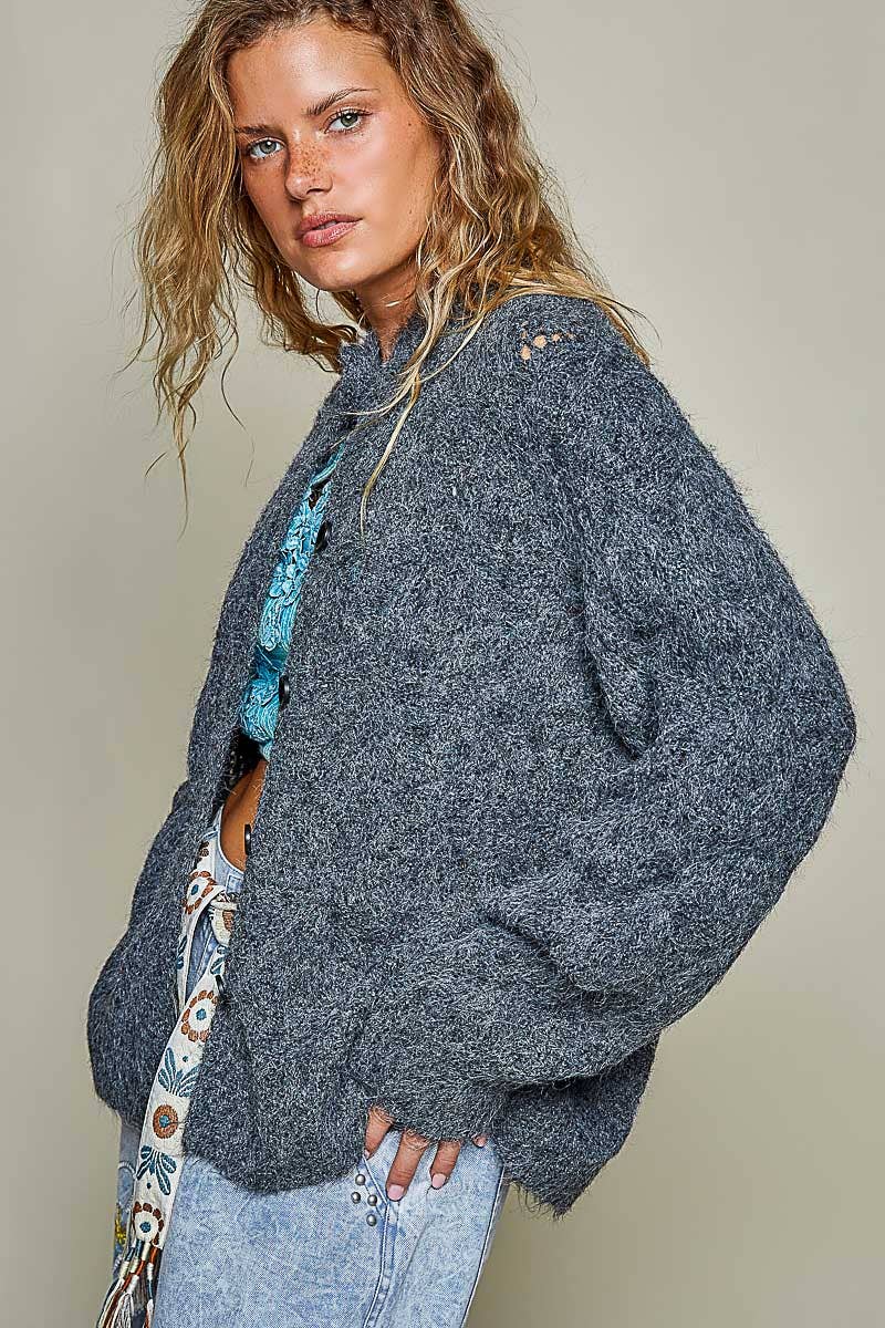 Relaxed Fuzzy Knit Pointelle Detail Ribbed Trim Cardigan: CHARCOAL One Size