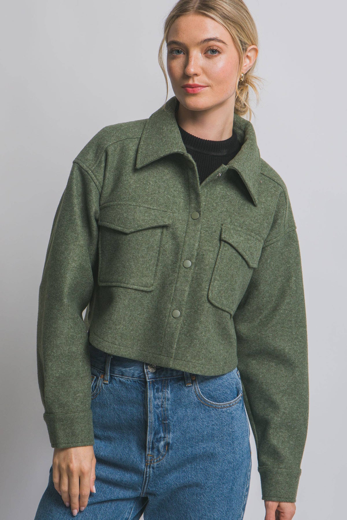 JQ Fleece Cropped Snap-Button Shacket: Wine