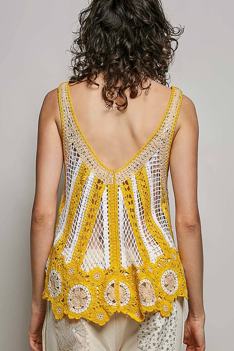 V-Neck Sleeveless Scalloped Edge Stripe Border Crochet Top