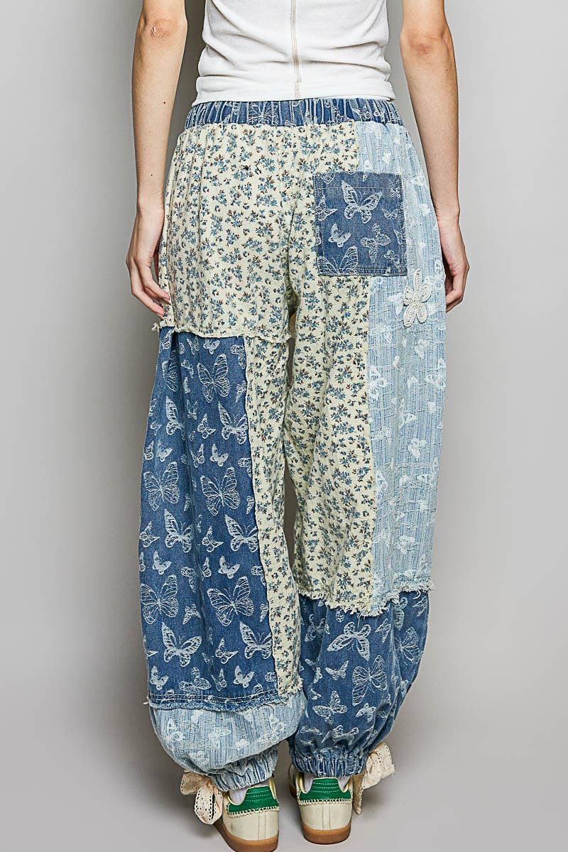 Crochet patch detail contrast patchwork printed woven pants