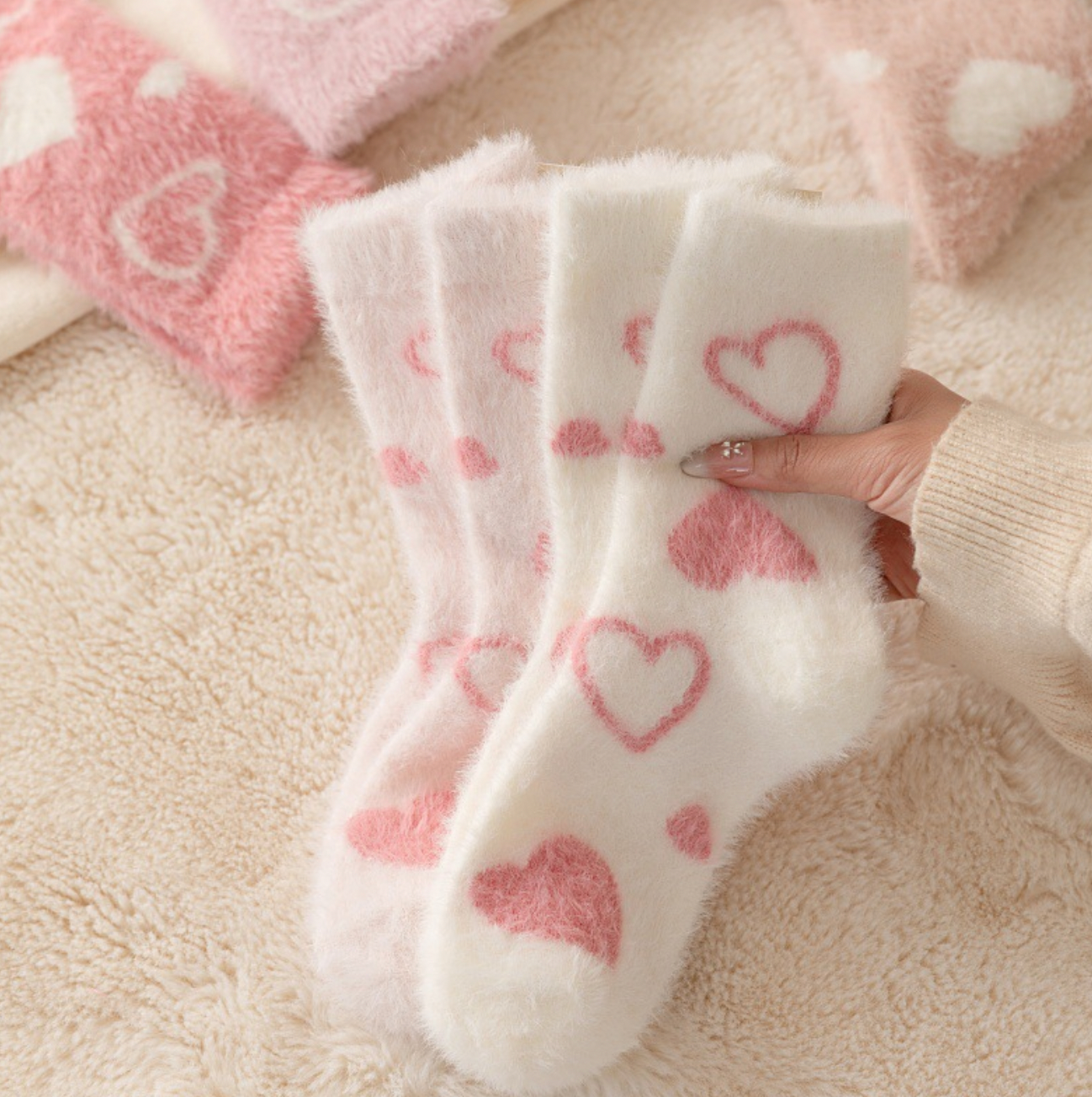Fuzzy Pink Heart Lounge Socks