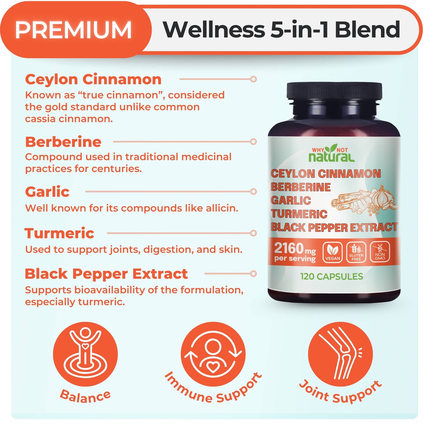 5-in-1 Organic Ceylon Cinnamon Capsules, Blood Sugar Support