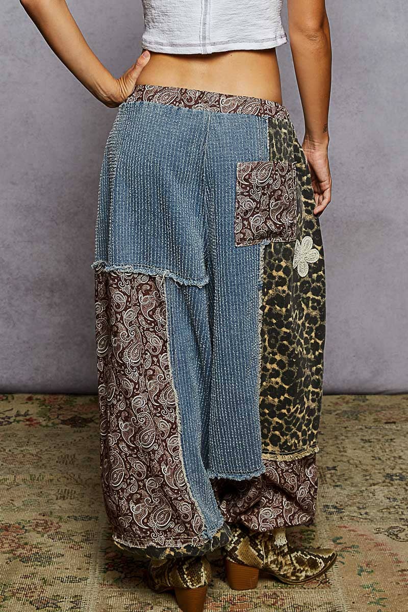 Crochet patch detail contrast patchwork printed woven pants
