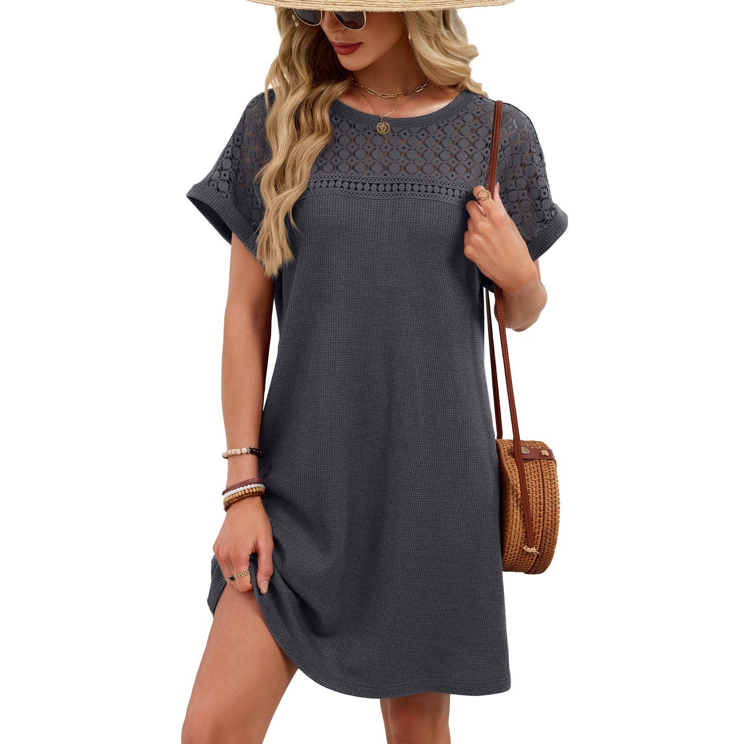Lace Patchwork Casual Short Sleeve Loose Dress