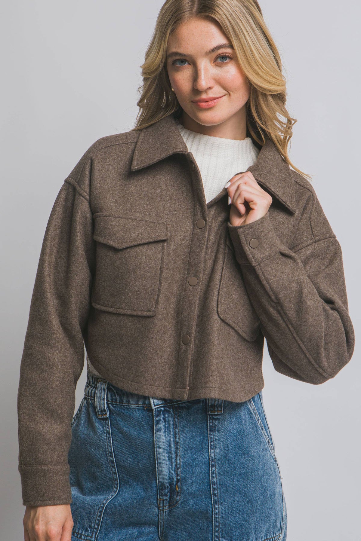 JQ Fleece Cropped Snap-Button Shacket: Wine