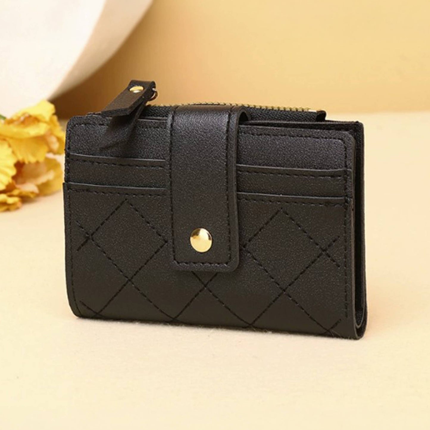Compact Diamond-Stitched Pattern ID Window Wallet