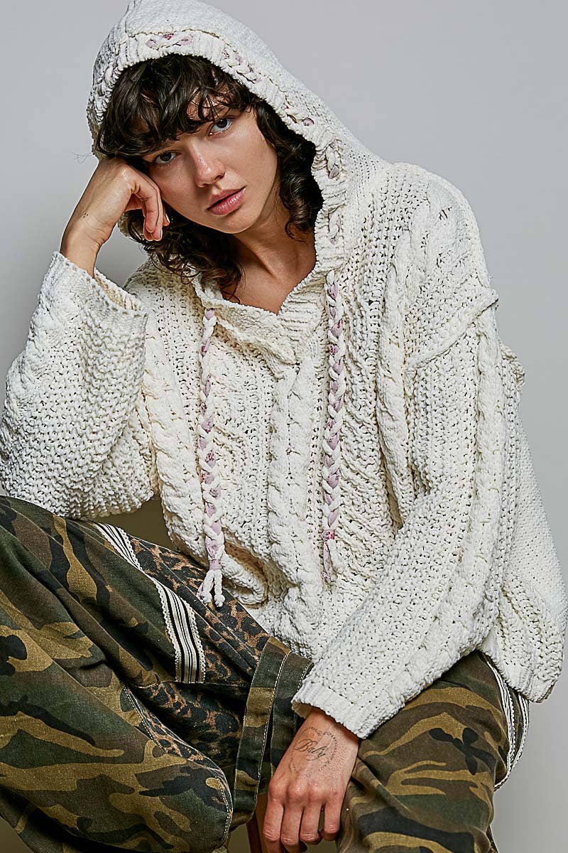 Oversize Fit V-neck Hooded Cable Knit Chenille Sweater