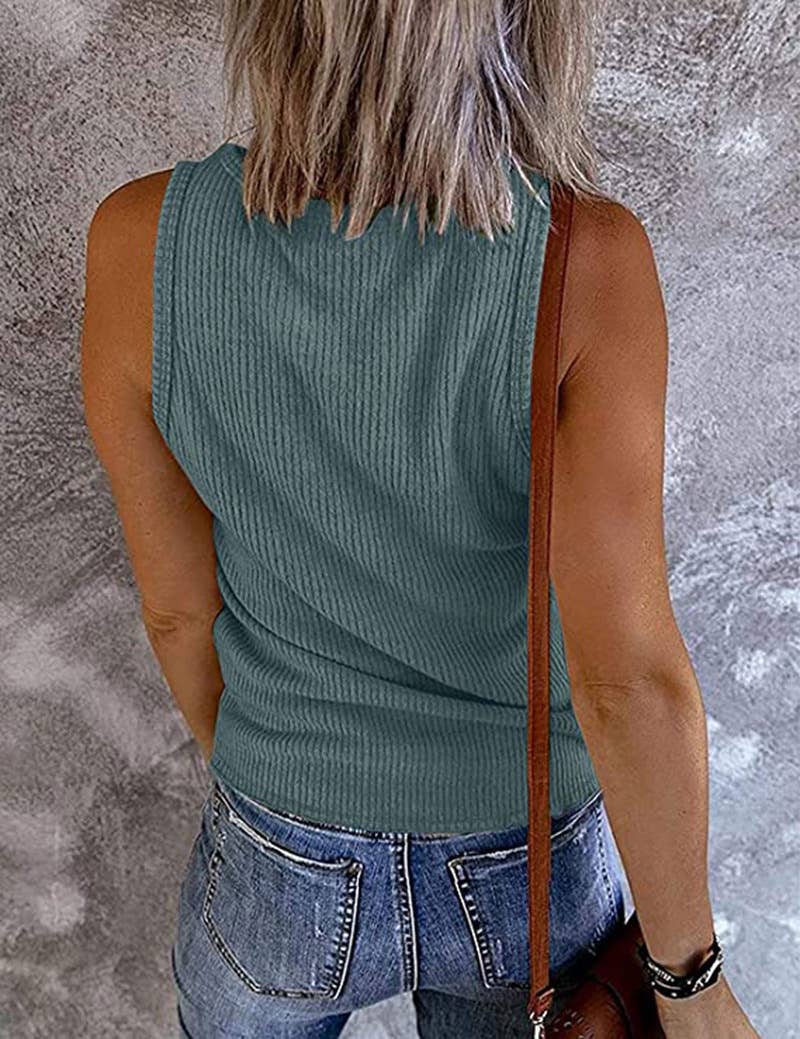 SOLID COLOR V-NECK BREASTED SLIM-FIT KNIT TANK