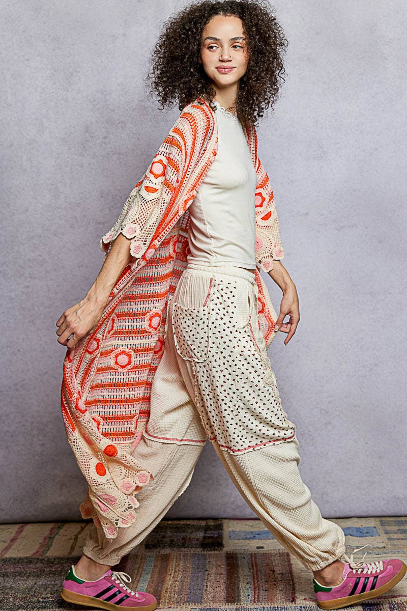 3/4 Sleeve Striped Floral Pattern Crochet Open Cardigan