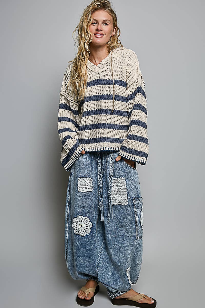 Hoodie V-neck Striped Long Sleeve Stitch Chenille Sweater: CREAM/NAVY