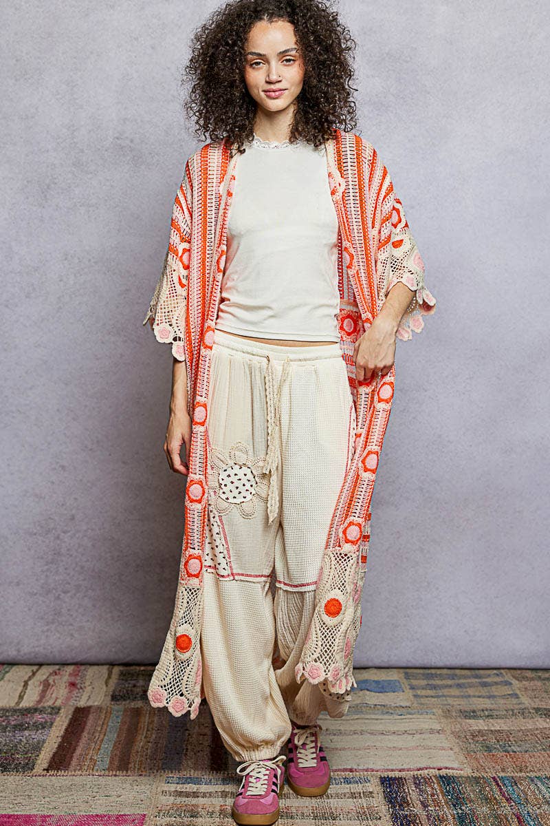 3/4 Sleeve Striped Floral Pattern Crochet Open Cardigan
