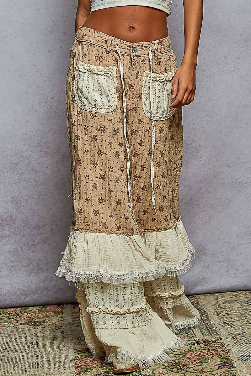 Double Gauze Floral Front Patch Pockets Ruffle Wide Pants