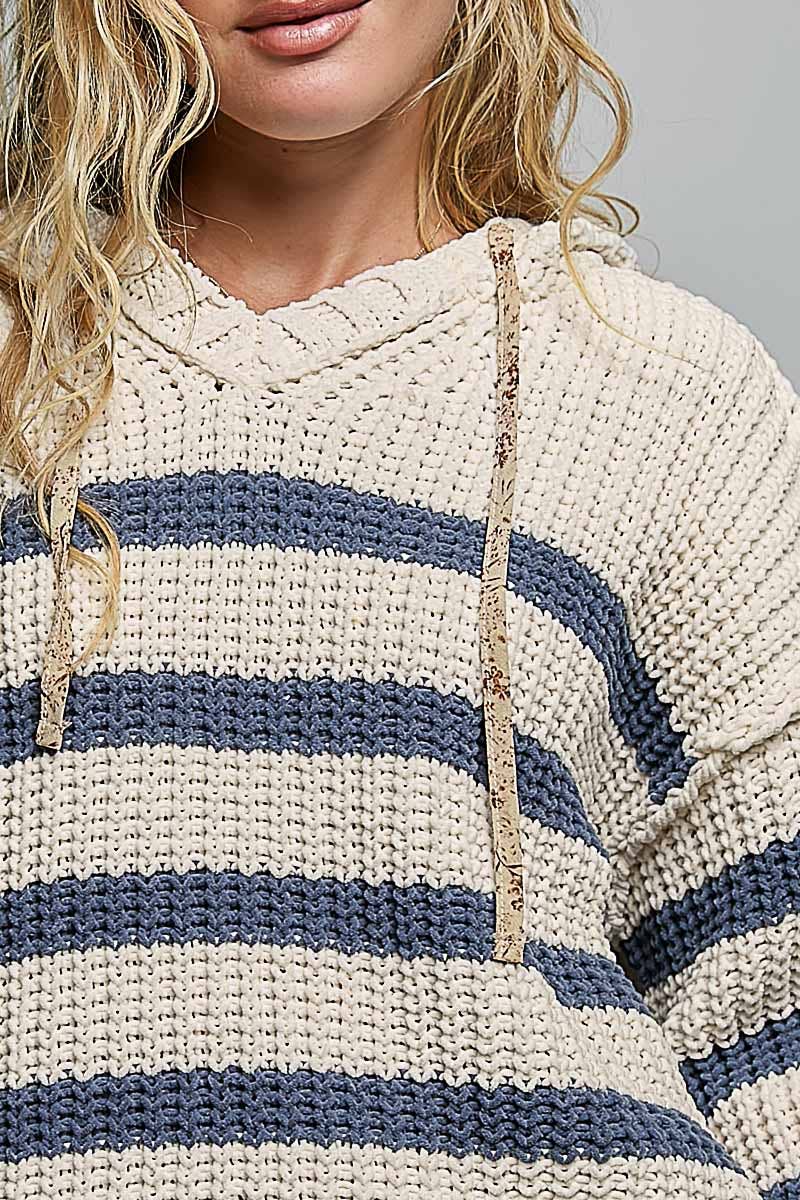 Hoodie V-neck Striped Long Sleeve Stitch Chenille Sweater: CREAM/NAVY