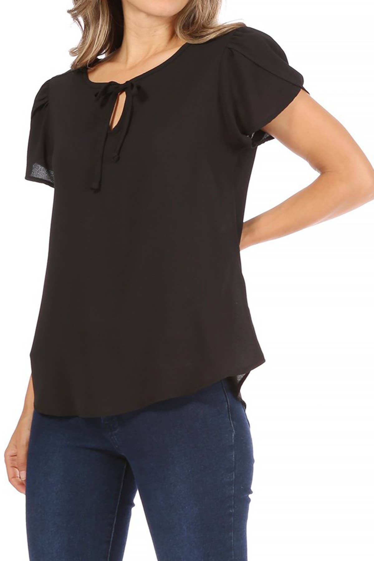 Women's Casual Solid Sleeve Tie Round Neck Shirt