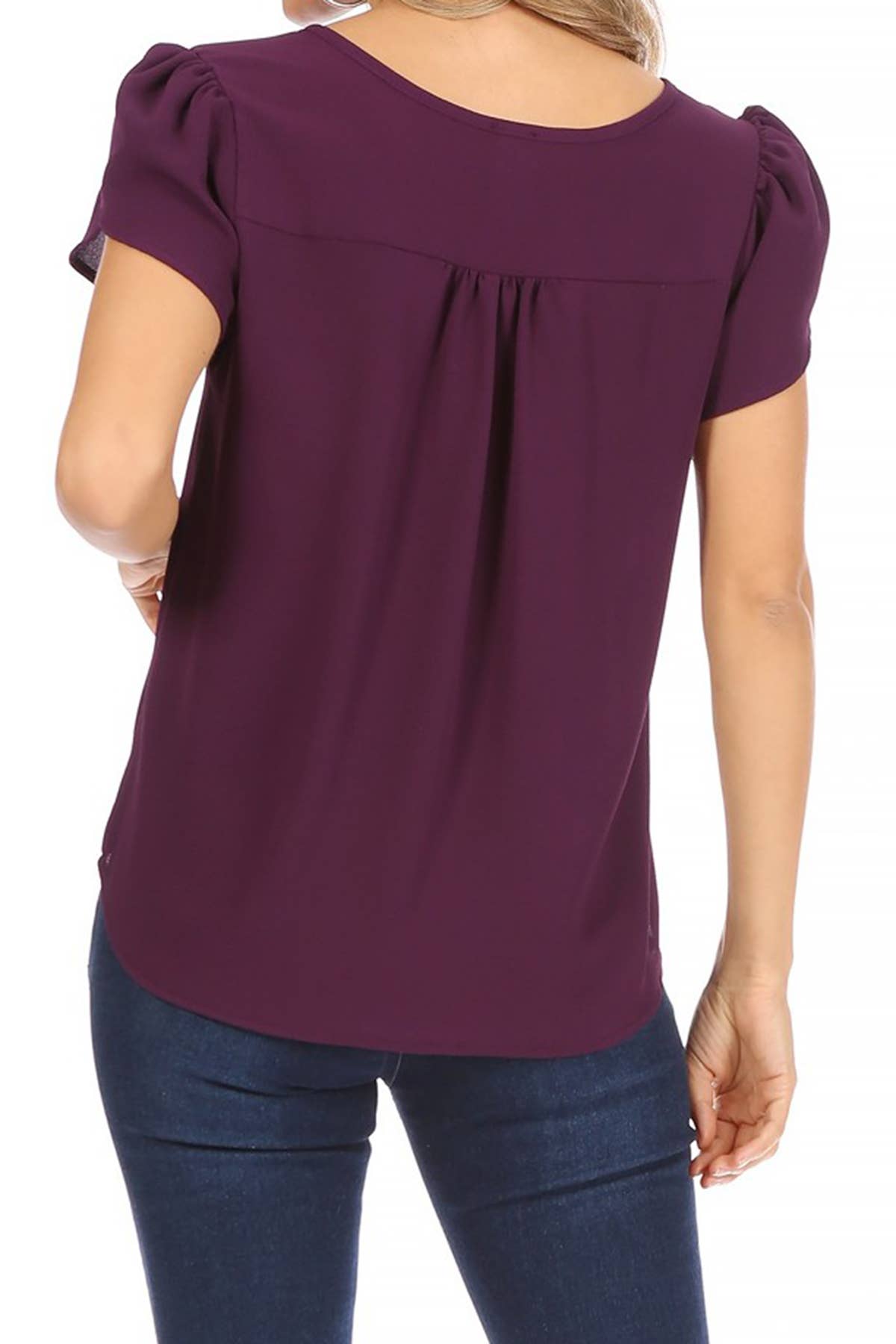 Women's Casual Solid Sleeve Tie Round Neck Shirt