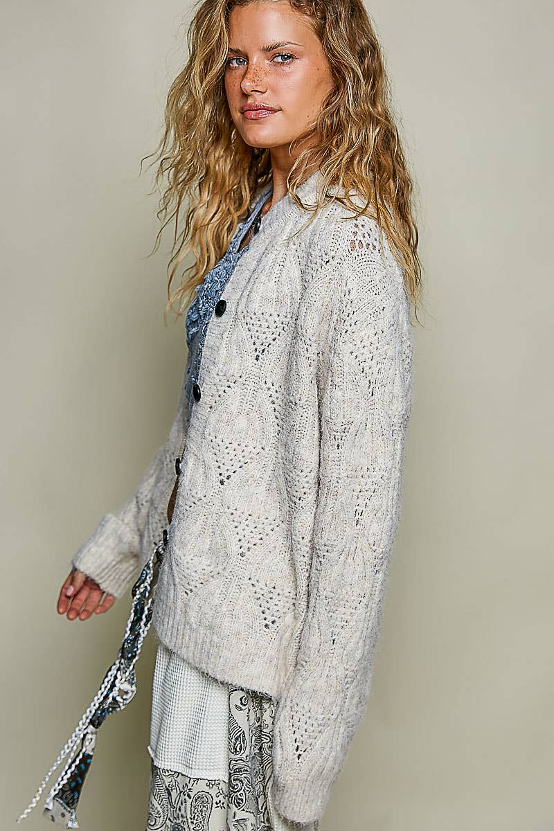 Relaxed Fuzzy Knit Pointelle Detail Ribbed Trim Cardigan: CHARCOAL One Size