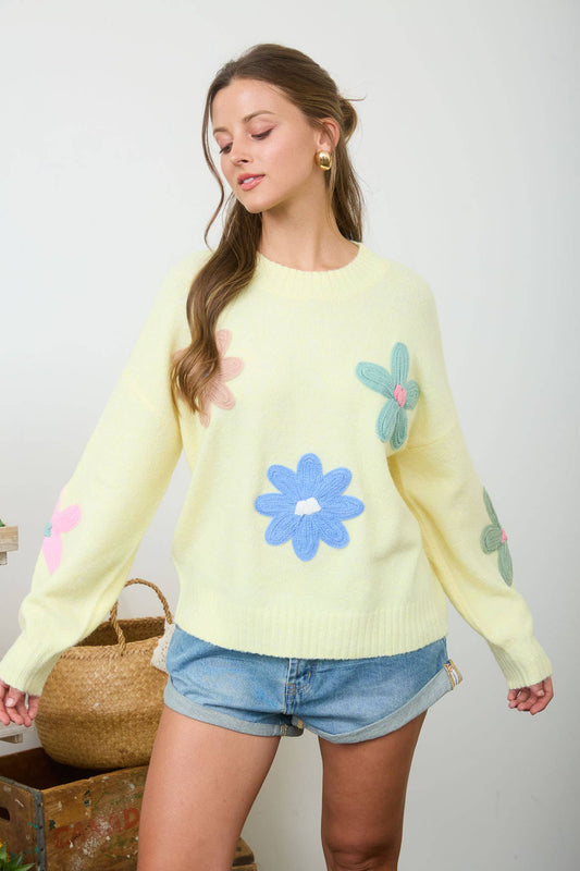 Multi-Color Crochet Floral Detail Knit Sweater