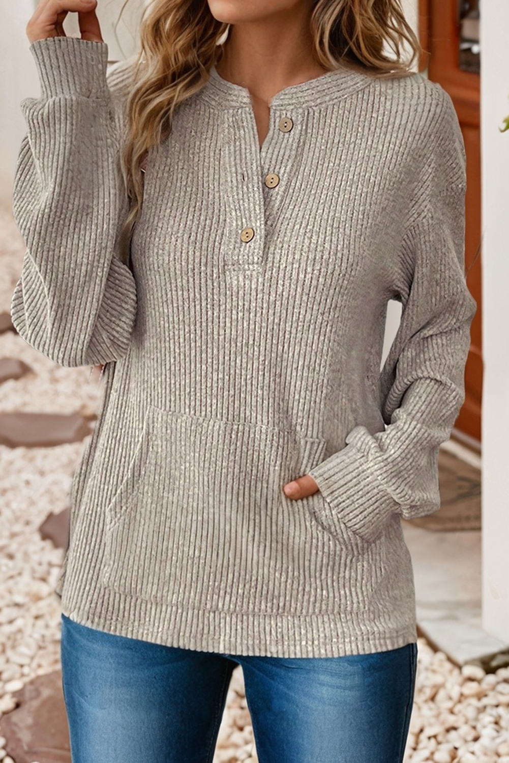 Ribbed Henley Knit long sleeved shirt