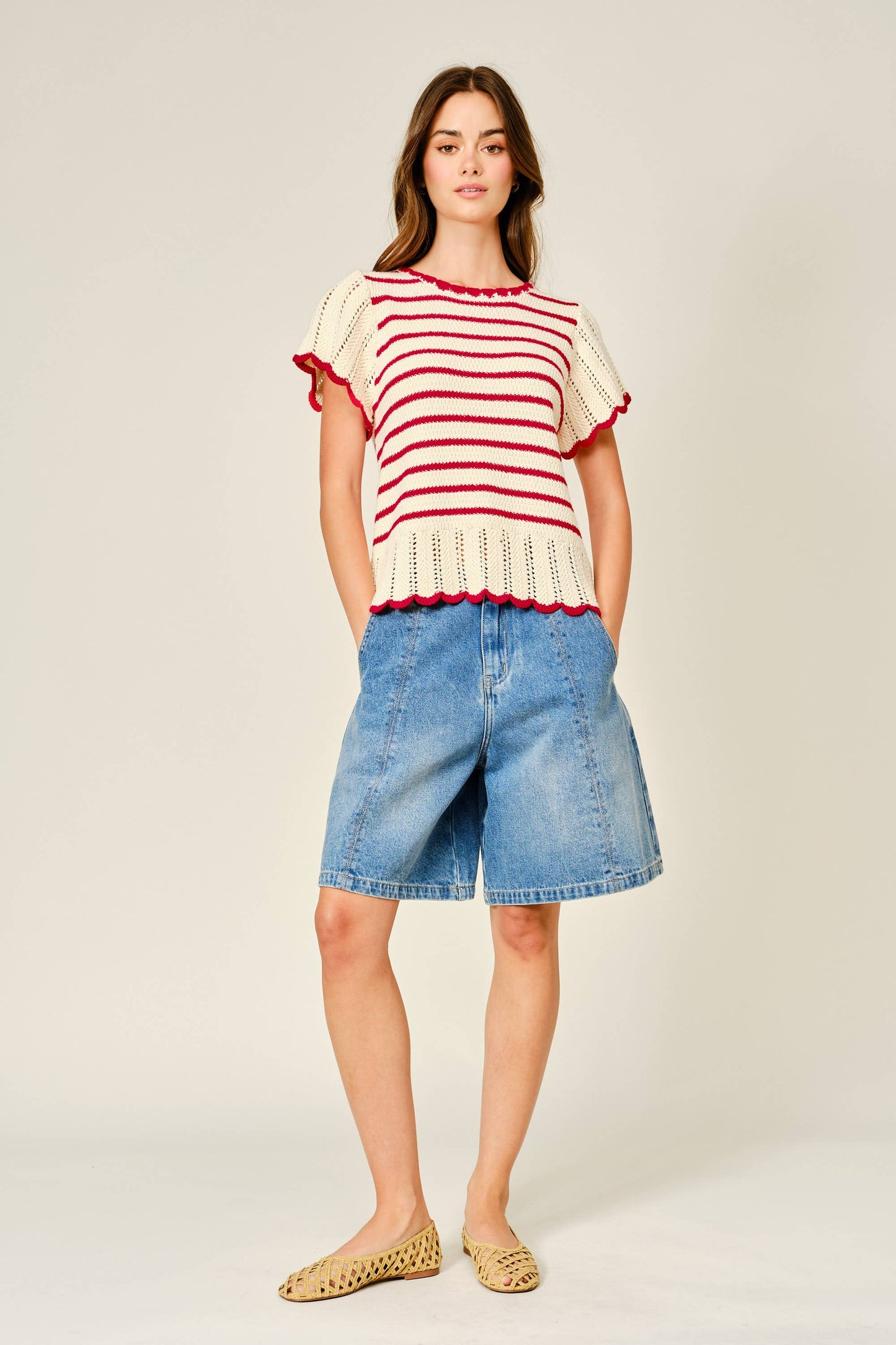 Striped Crochet short sleeved Sweater
