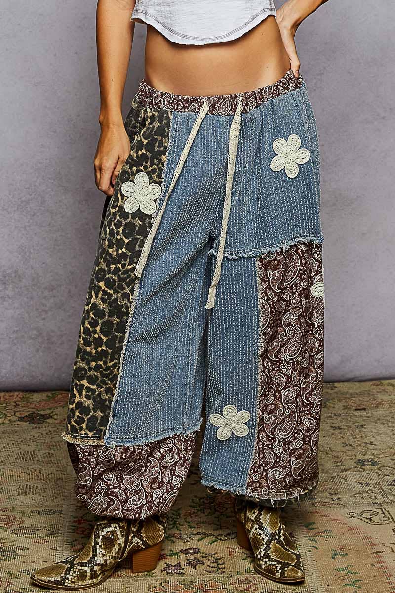 Crochet patch detail contrast patchwork printed woven pants