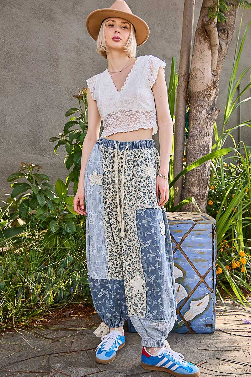 Crochet patch detail contrast patchwork printed woven pants