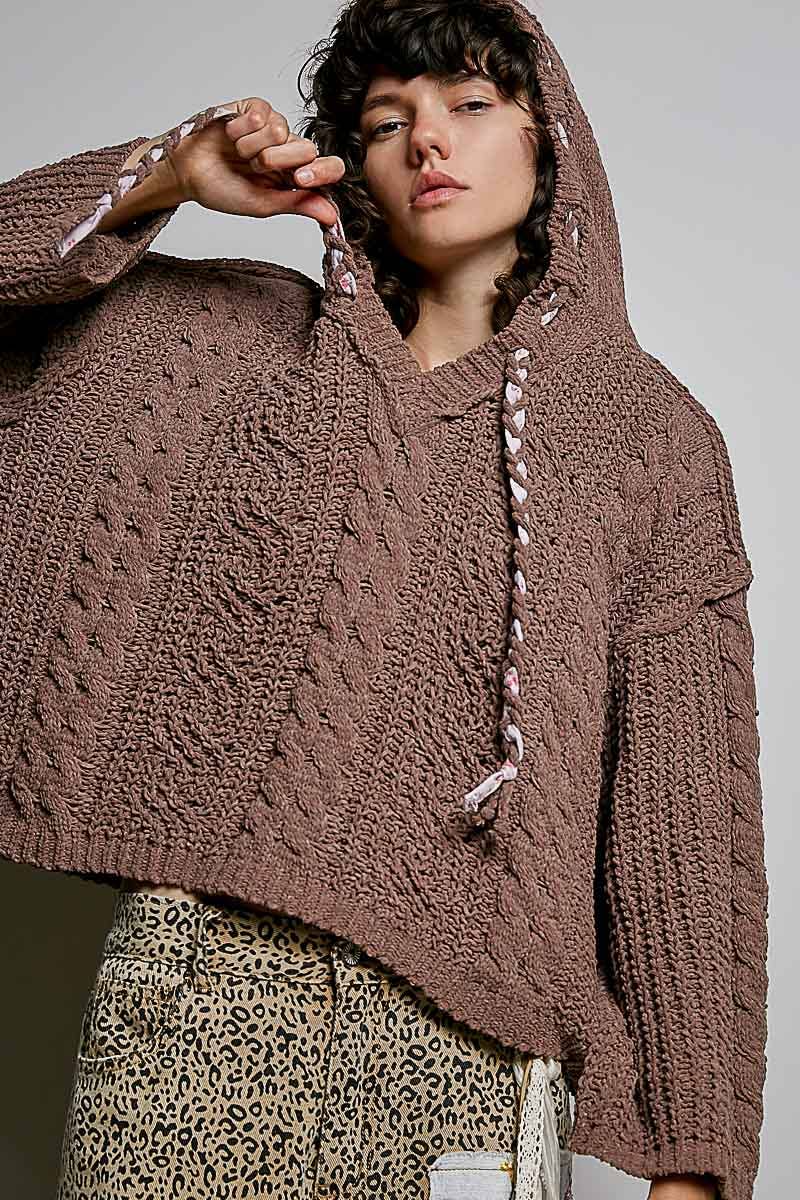 Oversize Fit V-neck Hooded Cable Knit Chenille Sweater