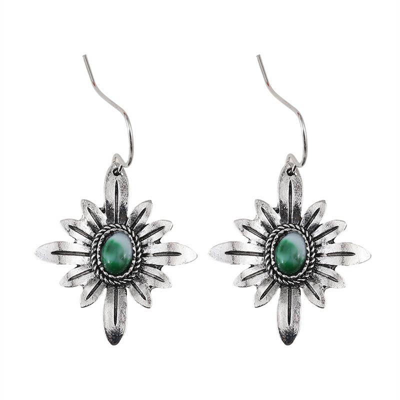 Boho Silver - Tone Daisy Flower Earrings with Green Stone