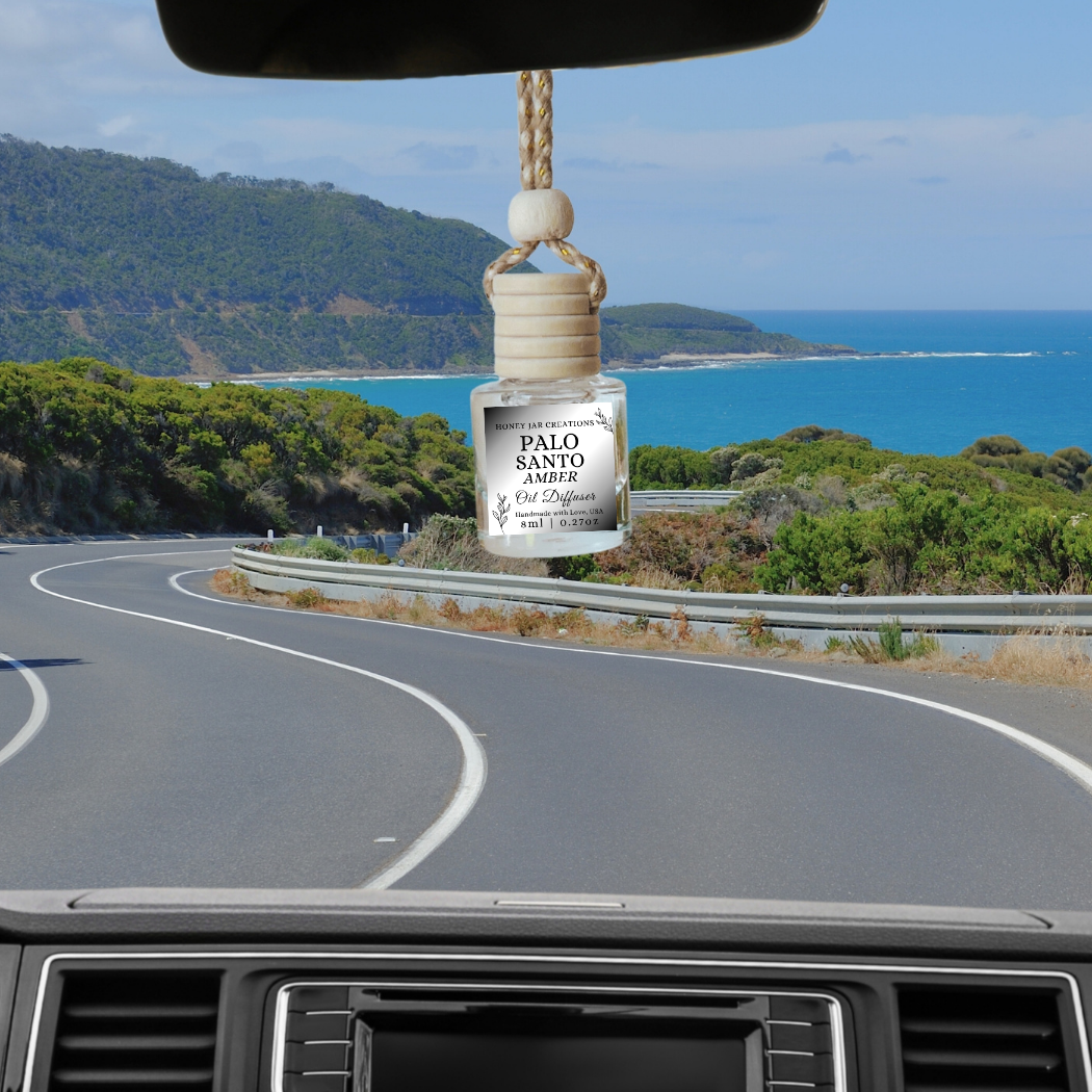 Hanging Car Diffuser | Palo Santo Amber | Made in USA: Round Bottle