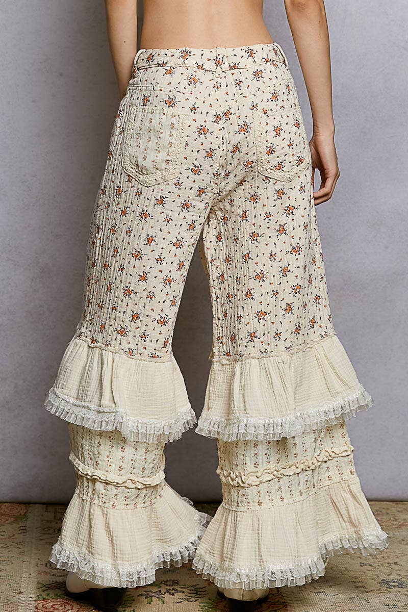 Double Gauze Floral Front Patch Pockets Ruffle Wide Pants