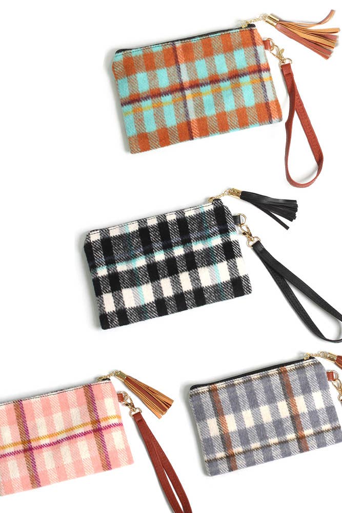 Plaid Pattern Pouch Bag with Wristlet