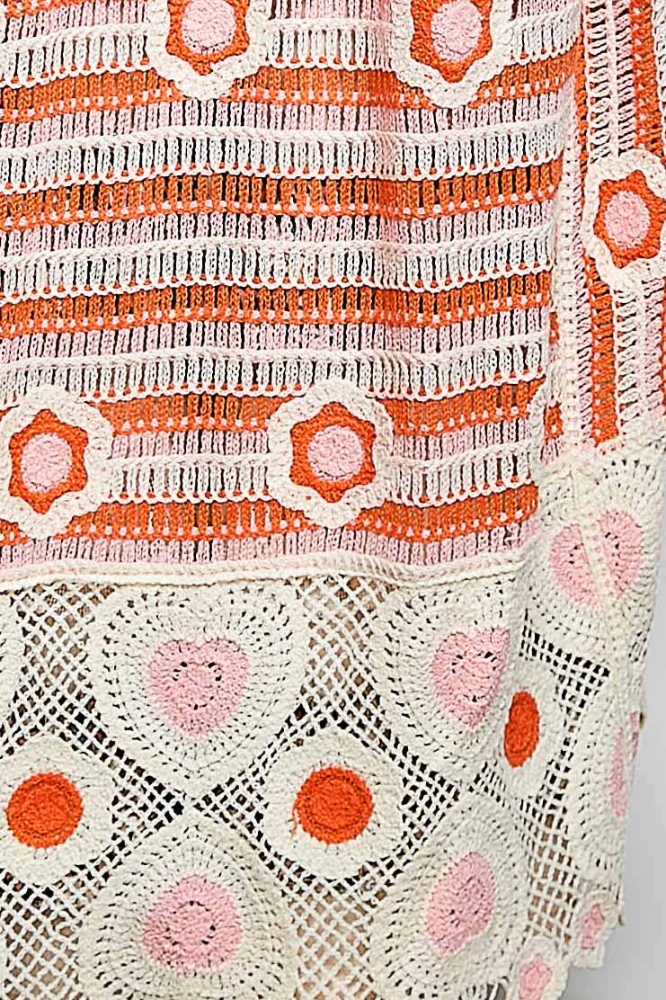 3/4 Sleeve Striped Floral Pattern Crochet Open Cardigan
