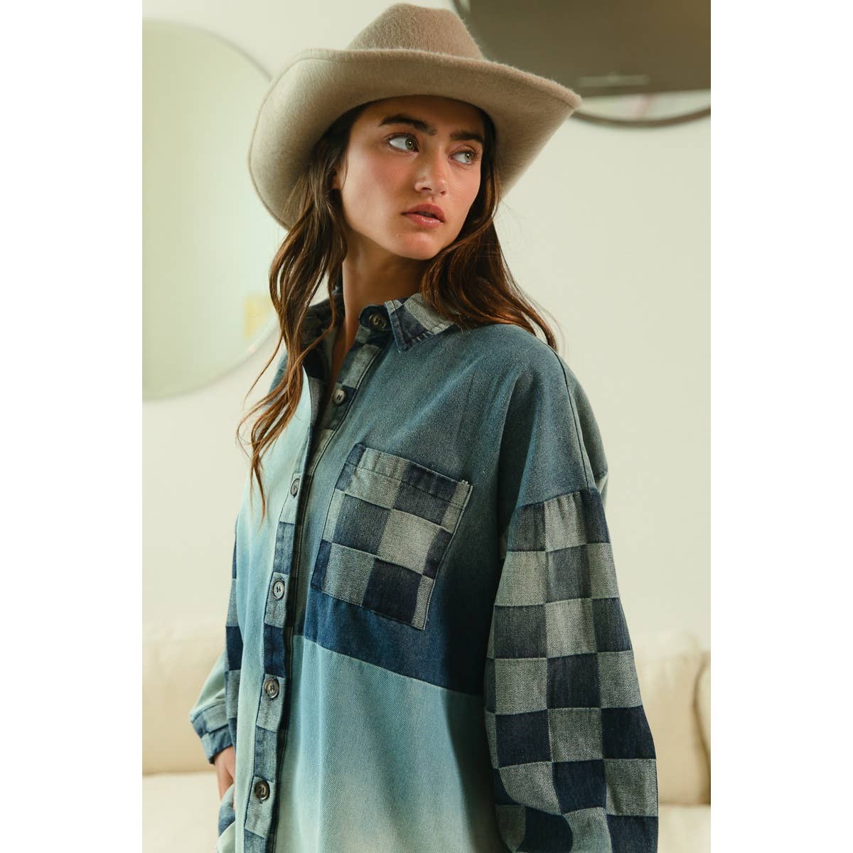 Checker Denim Mix Match Washed Shirt