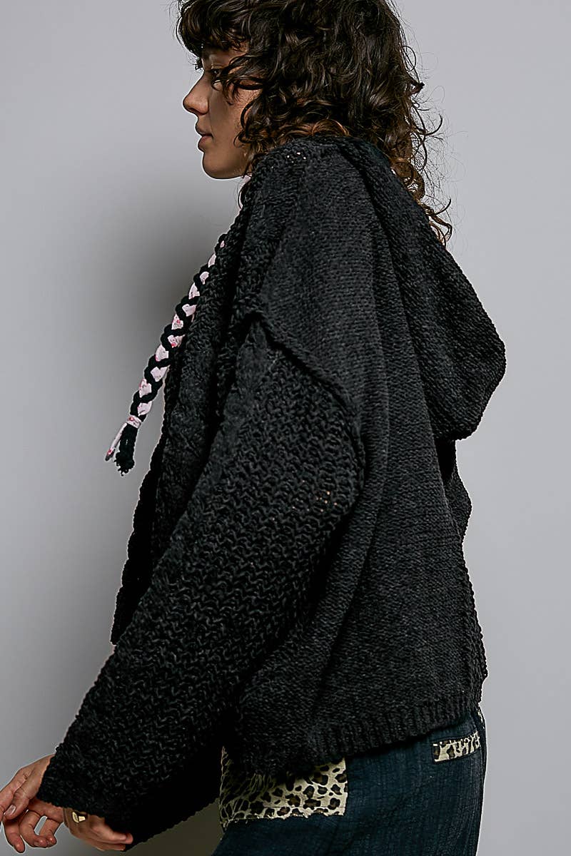 Oversize Fit V-neck Hooded Cable Knit Chenille Sweater